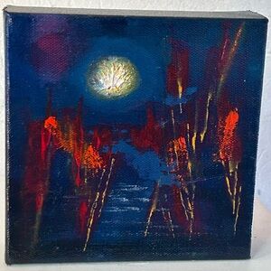 Small Original Blue/Orange Abstract Landscape Acrylic Painting 6” x 6”